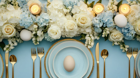A sophisticated Easter table with white roses, hydrangeas, golden cutlery, soft pastel decor, and candlelight ambianceの素材