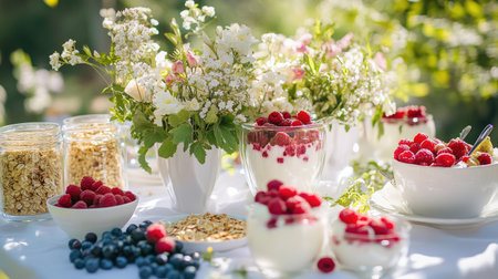 An outdoor breakfast table with raspberry yogurt parfaits, fresh berries, granola, and a summer floral centerpiece under natural sunlightの素材