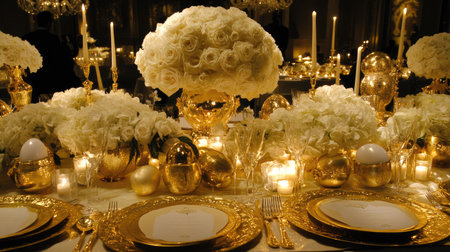 A sophisticated Easter table with white roses, hydrangeas, golden cutlery, soft pastel decor, and candlelight ambianceの素材