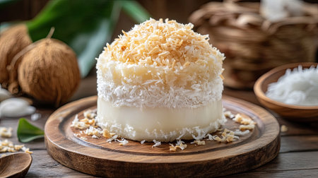 A rustic shot of Kanom Kluay with shredded coconut topping, served on a wooden platter with traditional Thai propsの素材