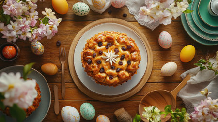 Artistic flat-lay of Easter Pashka dessert with raisins, decorated eggs, blooming flowers, and rustic wooden cutleryの素材