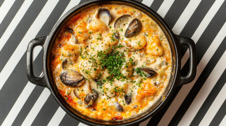 Bright and airy seafood stew composition with creamy garlic sauce, fresh shellfish, and a sprinkle of herbs, top view on a striped backgroundの素材