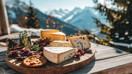 A traditional Alpine cheese plate styled with dried fruits, nuts, and herbs on a wooden table, with snow-capped mountains in the distanceの素材