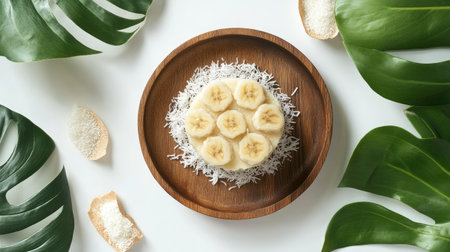 A rustic wooden plate of steamed banana cake, placed neatly with shredded coconut and tropical leaves on a clean white backdropの素材