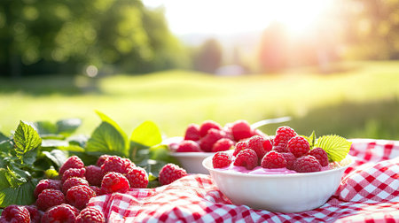 A vibrant summer picnic table with raspberry yogurt desserts, fresh berries, and colorful napkins under bright natural sunlightの素材