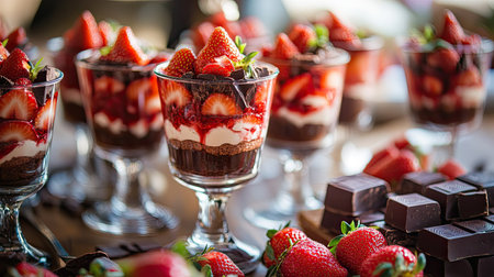 A vibrant dessert table featuring multiple strawberry chocolate trifles in glasses, surrounded by fresh strawberries and chocolate squaresの素材