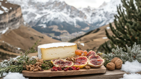 A traditional Alpine cheese plate styled with dried fruits, nuts, and herbs on a wooden table, with snow-capped mountains in the distanceの素材