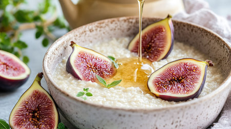 A tranquil morning with semolina porridge, honey dripping onto figs, fresh herbs, and a teapot in a light and airy environmentの素材