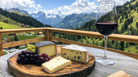 Assorted hard cheeses from the Alps on a rustic wooden plate, paired with fresh grapes and a glass of red wine, served outdoors by a wooden fenceの素材