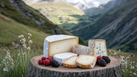 Assorted hard cheeses on a wooden plate with slices of baguette and fresh berries, styled outdoors with an Alpine landscape backdropの素材