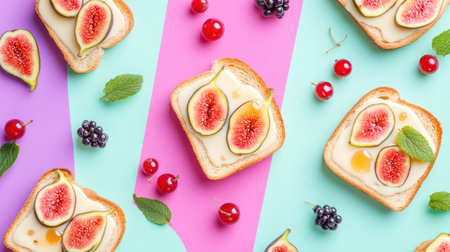 Beautifully arranged breakfast featuring creamy cheese toast with fresh figs, red currants, and a drizzle of honey on a colorful backgroundの素材