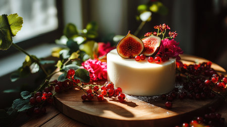 An artistic arrangement of panna cotta on a wooden board, garnished with figs, currants, and vibrant flowers in soft sunlightの素材