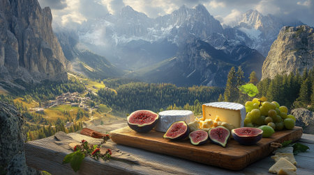 A rustic wooden plate filled with Alpine hard cheeses, fresh bread, and figs, set on a wooden table against a stunning outdoor alpine viewの素材