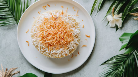 Artistic food styling of Kanom Kluay topped with shredded coconut on a white ceramic plate, with tropical decor elementsの素材