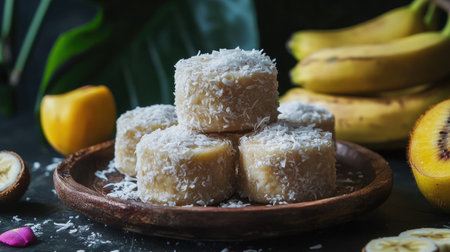 A stack of steamed banana cakes with shredded coconut, placed on a rustic plate and surrounded by tropical fruitsの素材