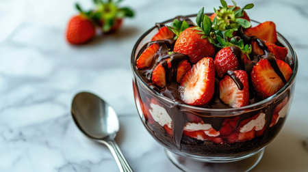 Artistic close-up of a strawberry chocolate trifle with dripping chocolate sauce, served with a spoon on a white marble tableの素材