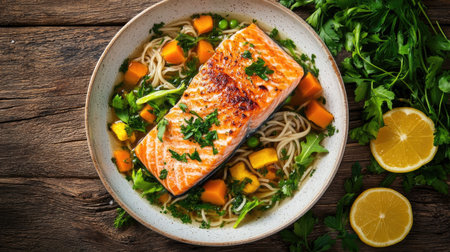 Bowl of nourishing salmon soup with noodles, root vegetables, and fresh greens, placed on a rustic wooden table, top view with copy spaceの素材