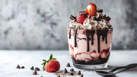Artistic close-up of a strawberry chocolate trifle with dripping chocolate sauce, served with a spoon on a white marble tableの素材