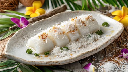 Artistic food styling of Kanom Kluay topped with shredded coconut on a white ceramic plate, with tropical decor elementsの素材