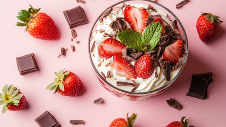 A strawberry chocolate trifle styled with white chocolate shavings, mint leaves, and fresh strawberries on a pastel pink backgroundの素材