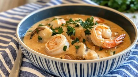 Bowl of creamy seafood stew with fresh parsley, shrimp, mussels, and calamari rings, elegantly plated on a blue and white striped table settingの素材