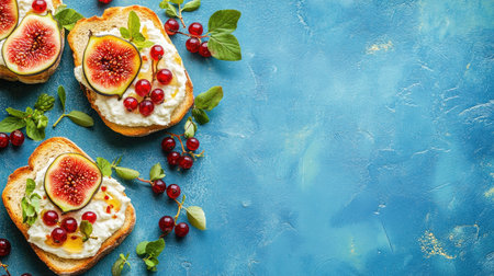 Beautifully arranged breakfast featuring creamy cheese toast with fresh figs, red currants, and a drizzle of honey on a colorful backgroundの素材