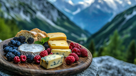 Assorted hard cheeses on a wooden plate with slices of baguette and fresh berries, styled outdoors with an Alpine landscape backdropの素材