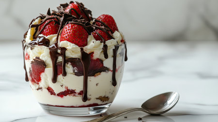 Artistic close-up of a strawberry chocolate trifle with dripping chocolate sauce, served with a spoon on a white marble tableの素材