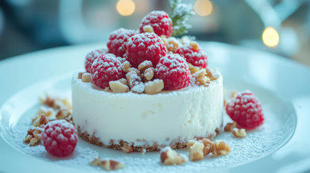 Beautifully decorated cottage cheese Easter dessert garnished with chopped nuts, fresh raspberries, and a sprinkle of powdered sugarの素材