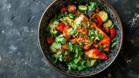 Bright and fresh grilled salmon steak with roasted vegetables, including zucchini and bell peppers, served with a light dressingの素材