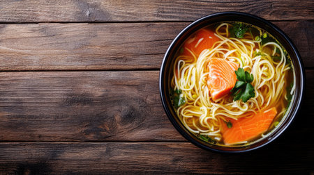 Cozy winter meal of salmon soup with noodles and vegetables, steaming in a bowl, placed on a rustic wooden background with copy spaceの素材
