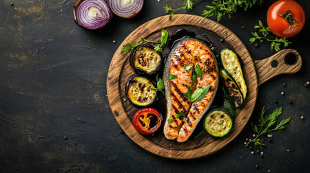 Bright and fresh grilled salmon steak with roasted zucchini, eggplant, bell peppers, and onions, served with a touch of balsamic dressingの素材
