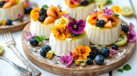 Classic panna cotta plated with seasonal fruits, delicate flowers, and bright summer decor, arranged on a rustic wooden board in natural lightの素材
