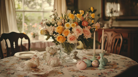 Cozy Easter brunch setup with floral napkins, pastel egg candles, and an arrangement of daffodils and roses in a glass vaseの素材