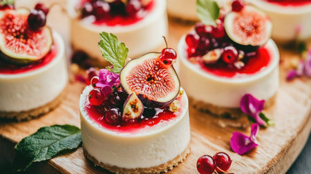 Close-up of panna cotta with berry topping, fresh currants, figs, and flower petals, placed on a wooden board for a rustic lookの素材