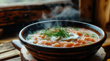 Close-up of a steaming bowl of traditional Finnish wild salmon soup with cream, rustic wooden textures in the backgroundの素材