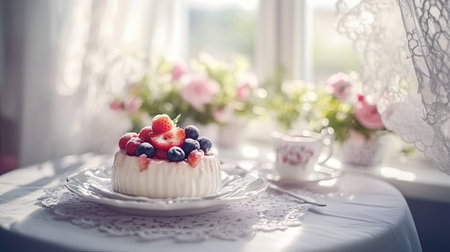 Classic panna cotta plated with fresh fruit toppings, surrounded by floral decor on a white tablecloth near a bright windowの素材