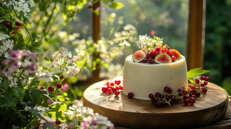 Classic panna cotta served on a wooden board, topped with fresh figs and currants, surrounded by flowers in soft daylight by a windowの素材