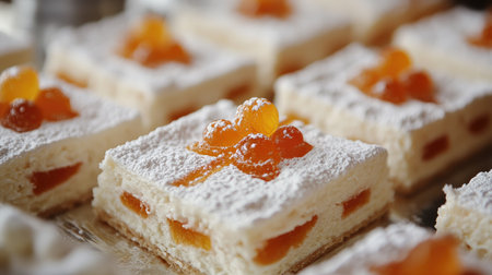 Close-up of Pashka dessert made with cottage cheese, topped with a cross symbol made of candied fruits and powdered sugarの素材