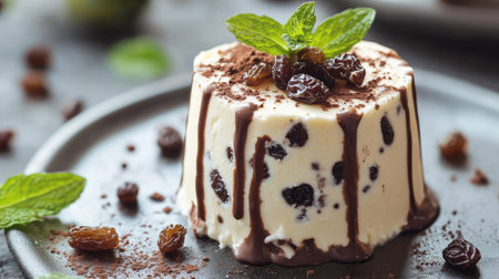 Close-up of a classic Easter cottage cheese dessert topped with raisins, chocolate drizzle, and fresh mint leaves on a festive tableの素材