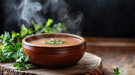 Cozy home-cooked Finnish creamy salmon soup in an earthenware bowl, steaming hot, set on an old wooden surface with fresh ingredientsの素材