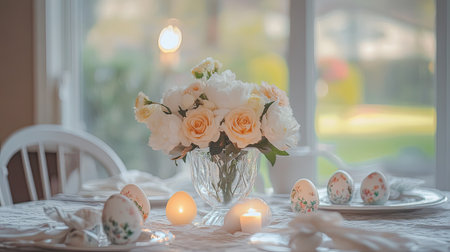 Cozy Easter brunch setup with floral napkins, pastel egg candles, and an arrangement of daffodils and roses in a glass vaseの素材