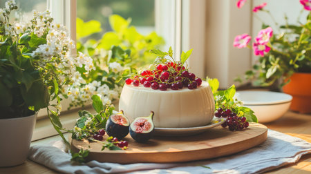 Classic panna cotta served on a wooden board, topped with fresh figs and currants, surrounded by flowers in soft daylight by a windowの素材