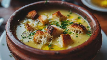 Close-up of velvety garlic soup, Aigo Bouido, in a rustic clay bowl with golden croutons and a drizzle of olive oilの素材