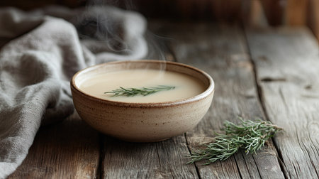 Cozy home-cooked Finnish creamy salmon soup in an earthenware bowl, steaming hot, set on an old wooden surface with fresh ingredientsの素材