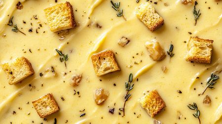Close-up macro shot of creamy Aigo Bouido soup, highlighting the velvety texture, golden croutons, and fresh thymeの素材