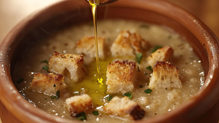 Close-up of velvety garlic soup, Aigo Bouido, in a rustic clay bowl with golden croutons and a drizzle of olive oilの素材