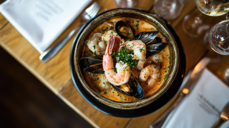 Cozy seafood dinner with a ceramic bowl of creamy seafood stew, featuring shrimp, mussels, and calamari, captured in an overhead shotの素材