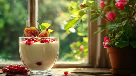 Creamy panna cotta topped with fig wedges and currants, styled with bright flowers and a natural wooden backdrop by a windowの素材