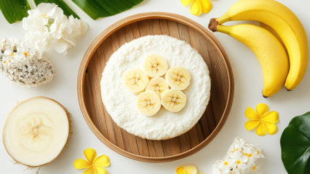 Elegant food styling of steamed banana cake served on a natural round wooden plate with tropical elements on a white backgroundの素材